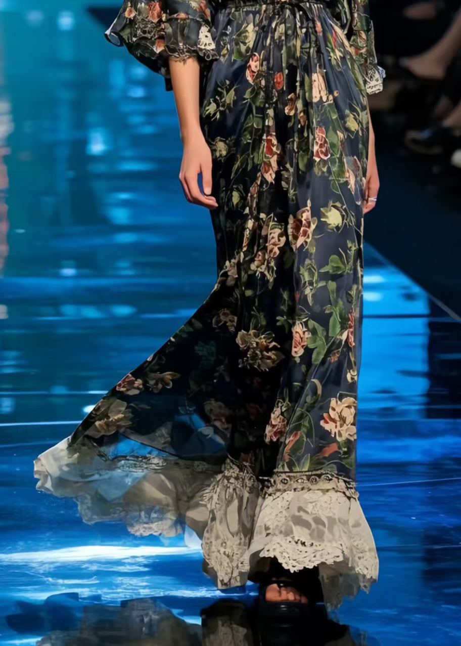 Chic Black Print Patchwork Lace Chiffon Tunic Dress Summer