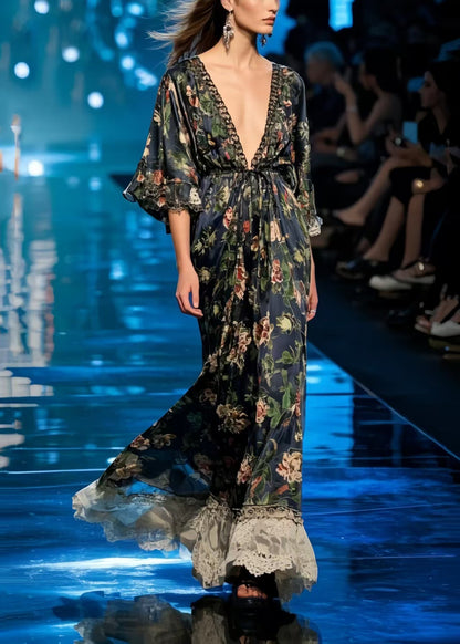 Chic Black Print Patchwork Lace Chiffon Tunic Dress Summer