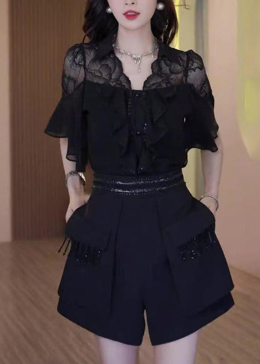 Chic Black Ruffled Lace Patchwork Two Piece Set Outfits Summer