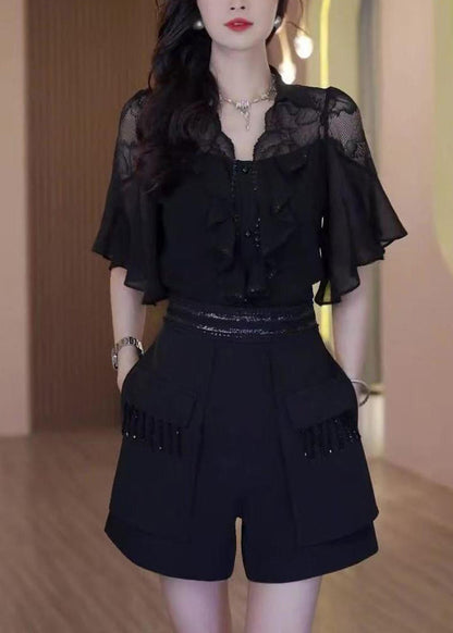Chic Black Ruffled Lace Patchwork Two Piece Set Outfits Summer