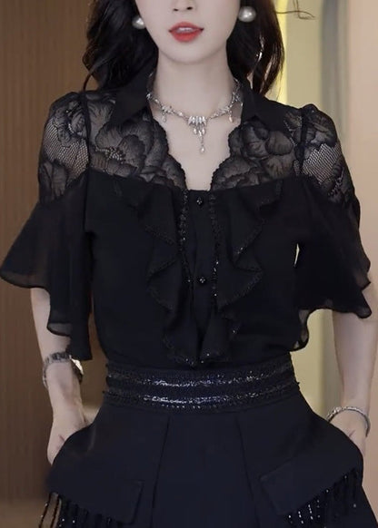Chic Black Ruffled Lace Patchwork Two Piece Set Outfits Summer