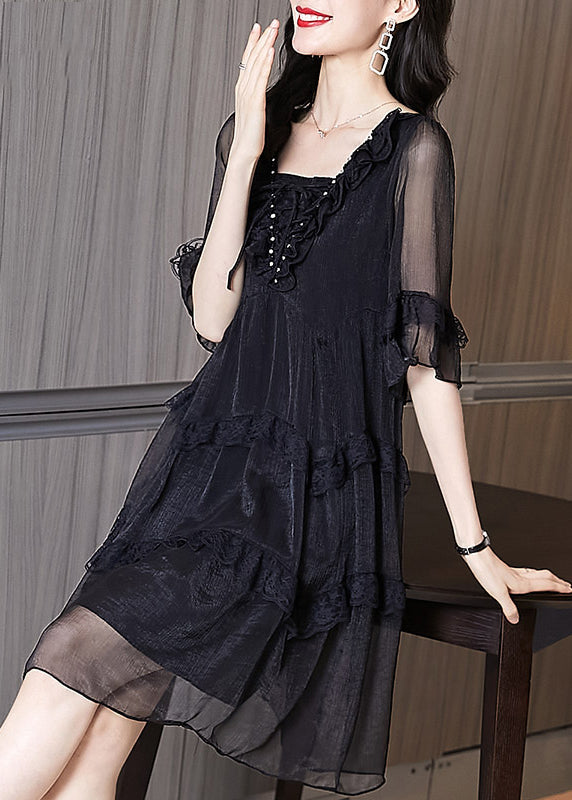 Chic Black Ruffled Patchwork Chiffon Dress Summer