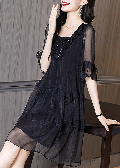 Chic Black Ruffled Patchwork Chiffon Dress Summer