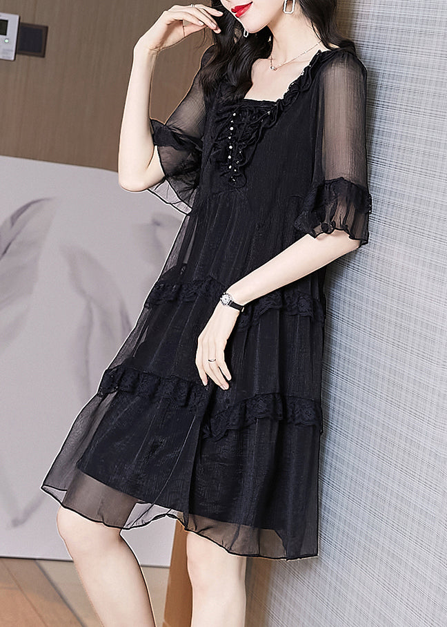 Chic Black Ruffled Patchwork Chiffon Dress Summer
