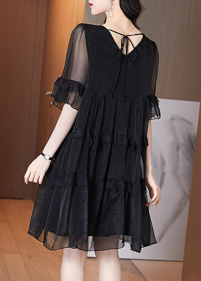 Chic Black Ruffled Patchwork Chiffon Dress Summer