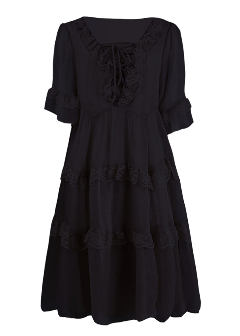 Chic Black Ruffled Patchwork Chiffon Dress Summer