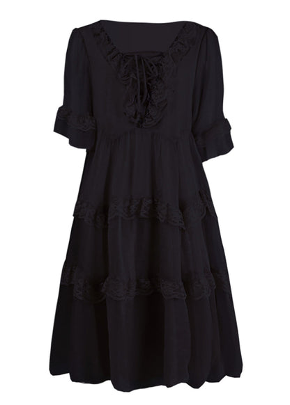 Chic Black Ruffled Patchwork Chiffon Dress Summer