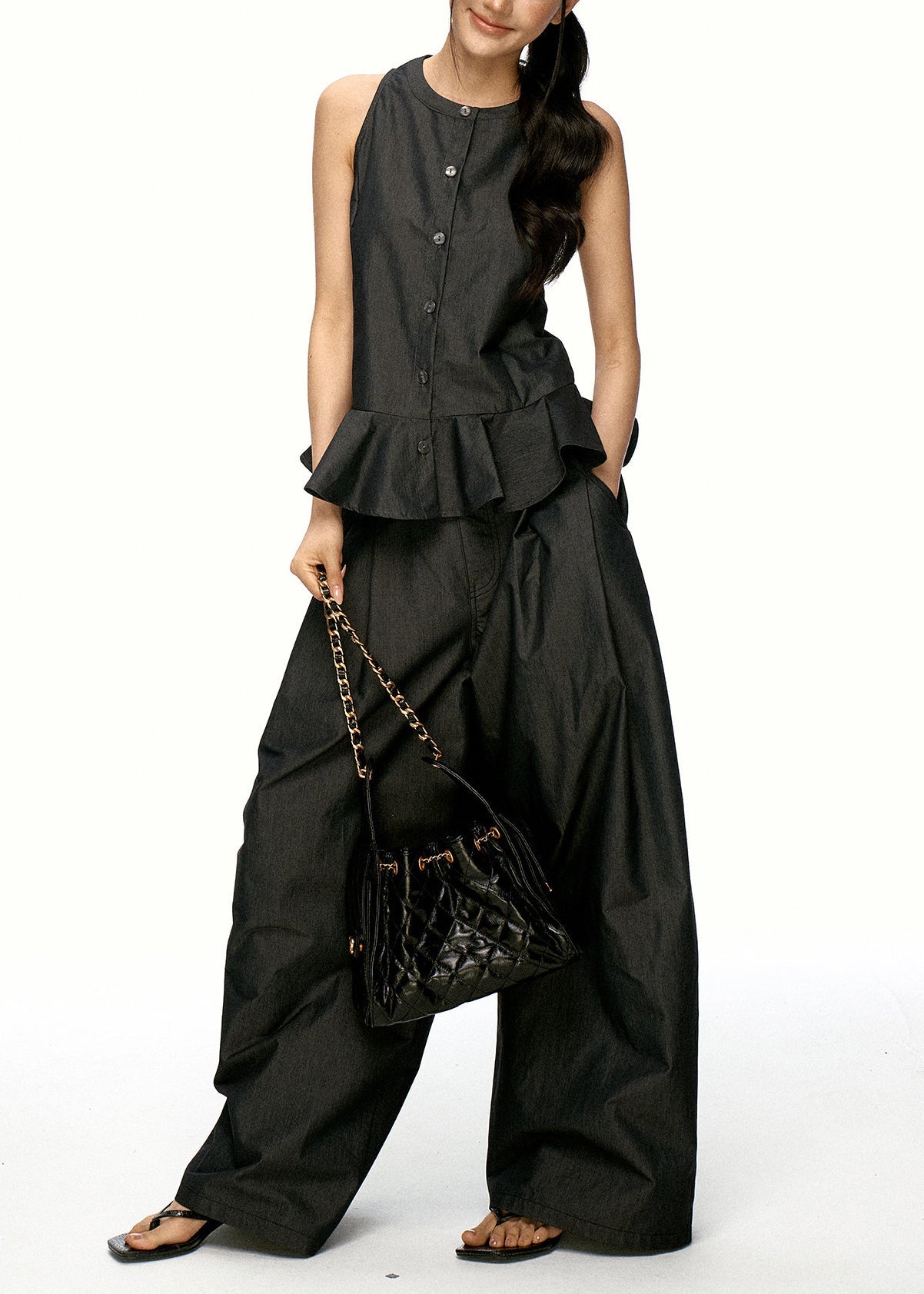 Chic Black Ruffled Patchwork Cotton Two Pieces Set Sleeveless