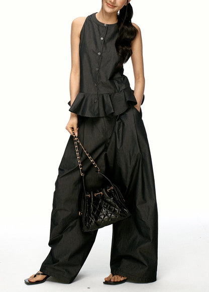 Chic Black Ruffled Patchwork Cotton Two Pieces Set Sleeveless