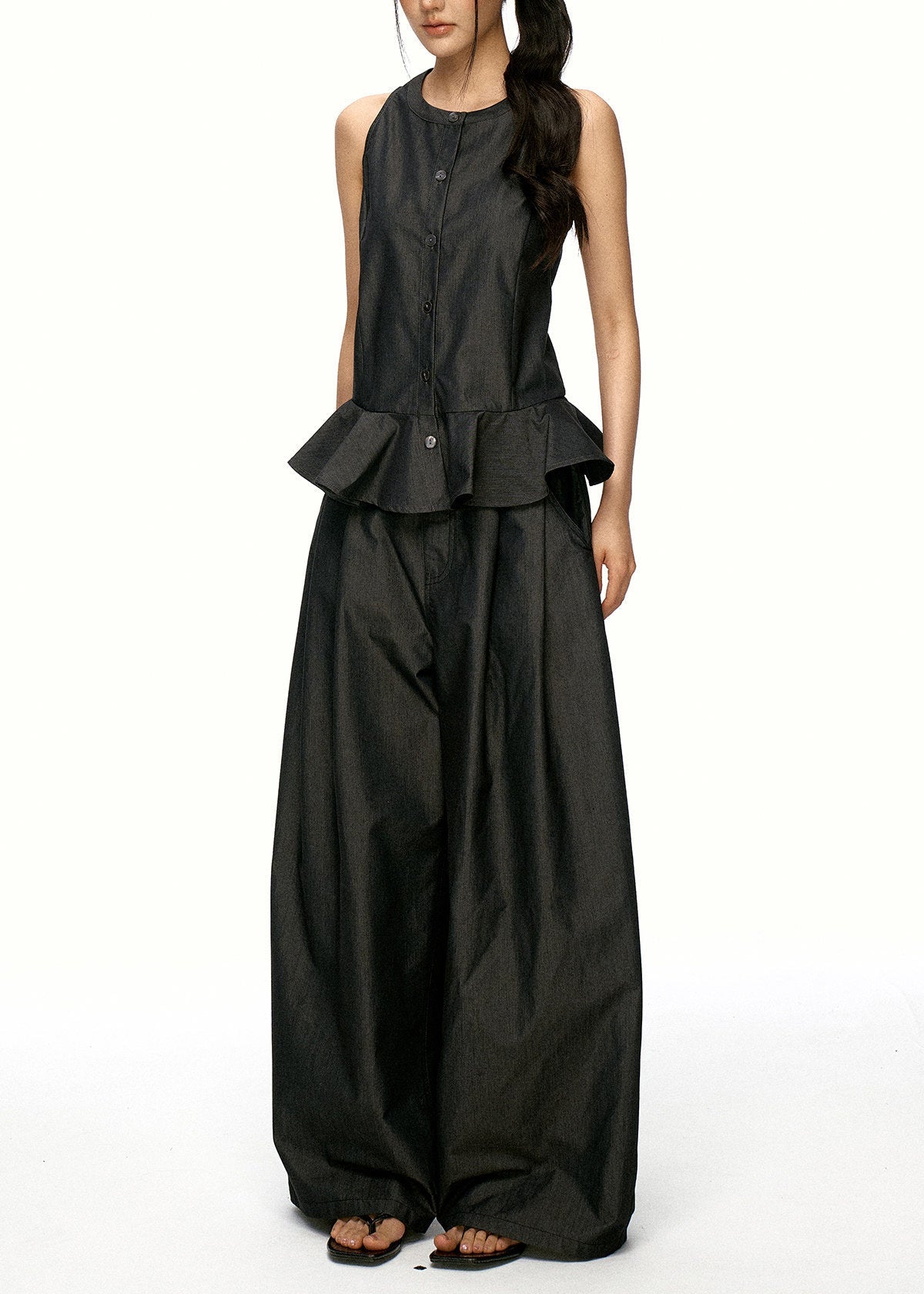 Chic Black Ruffled Patchwork Cotton Two Pieces Set Sleeveless