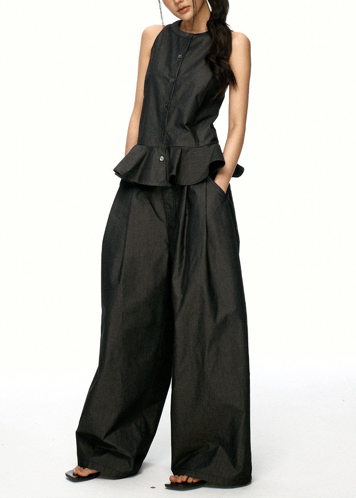 Chic Black Ruffled Patchwork Cotton Two Pieces Set Sleeveless