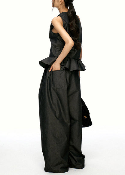 Chic Black Ruffled Patchwork Cotton Two Pieces Set Sleeveless