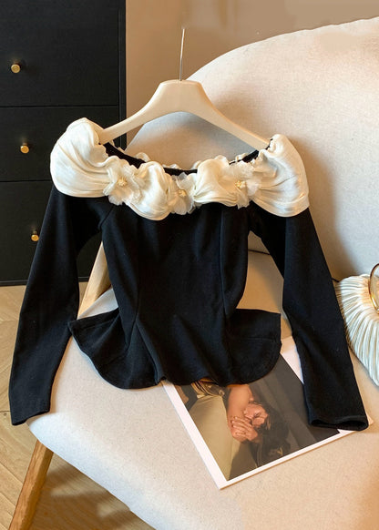 Chic Black Slash Neck Floral Patchwork Cotton T Shirt Fall