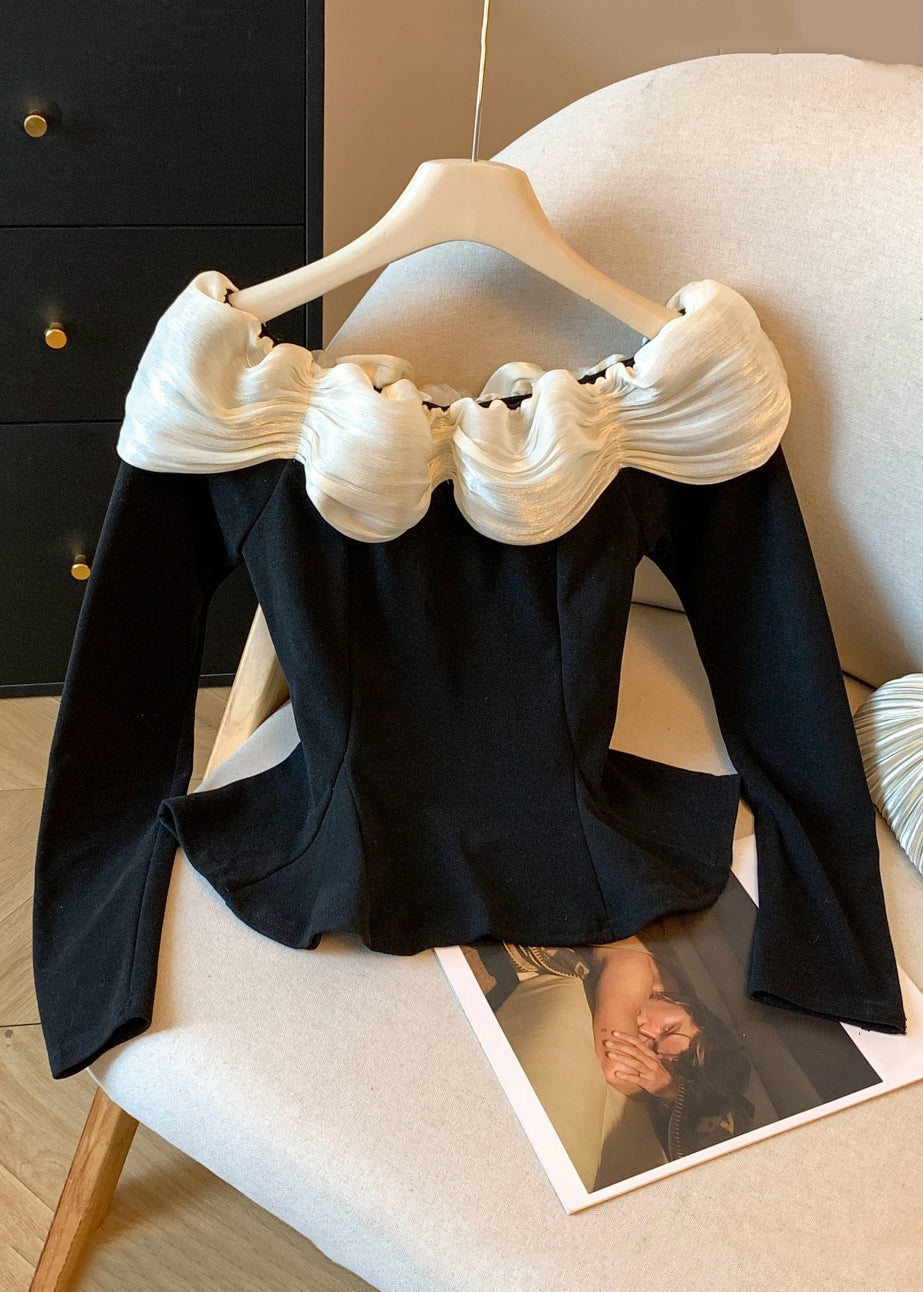 Chic Black Slash Neck Floral Patchwork Cotton T Shirt Fall