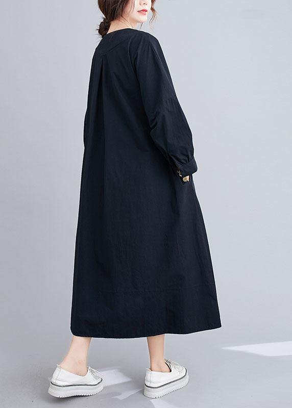 Chic Black Slim Fit V Neck Pockets Fall Long Dresses Long Sleeve - SooLinen