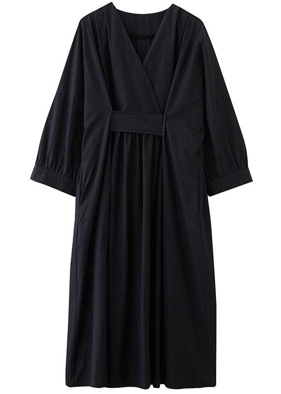 Chic Black Slim Fit V Neck Pockets Fall Long Dresses Long Sleeve - SooLinen