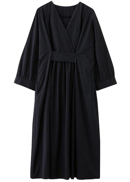 Chic Black Slim Fit V Neck Pockets Fall Long Dresses Long Sleeve - SooLinen