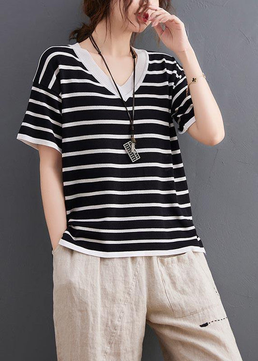 Chic Black Striped V Neck Cotton Linen Summer Tee - SooLinen