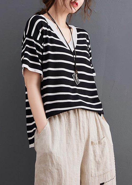 Chic Black Striped V Neck Cotton Linen Summer Tee - SooLinen