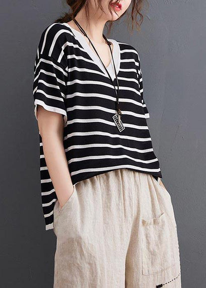 Chic Black Striped V Neck Cotton Linen Summer Tee - SooLinen