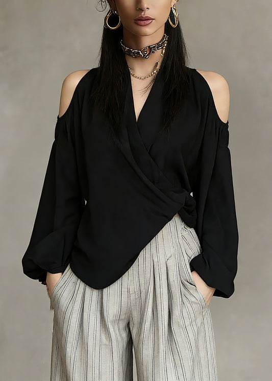 Chic Black V Neck Cold Shoulder Solid Top Spring