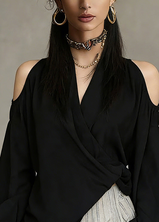 Chic Black V Neck Cold Shoulder Solid Top Spring