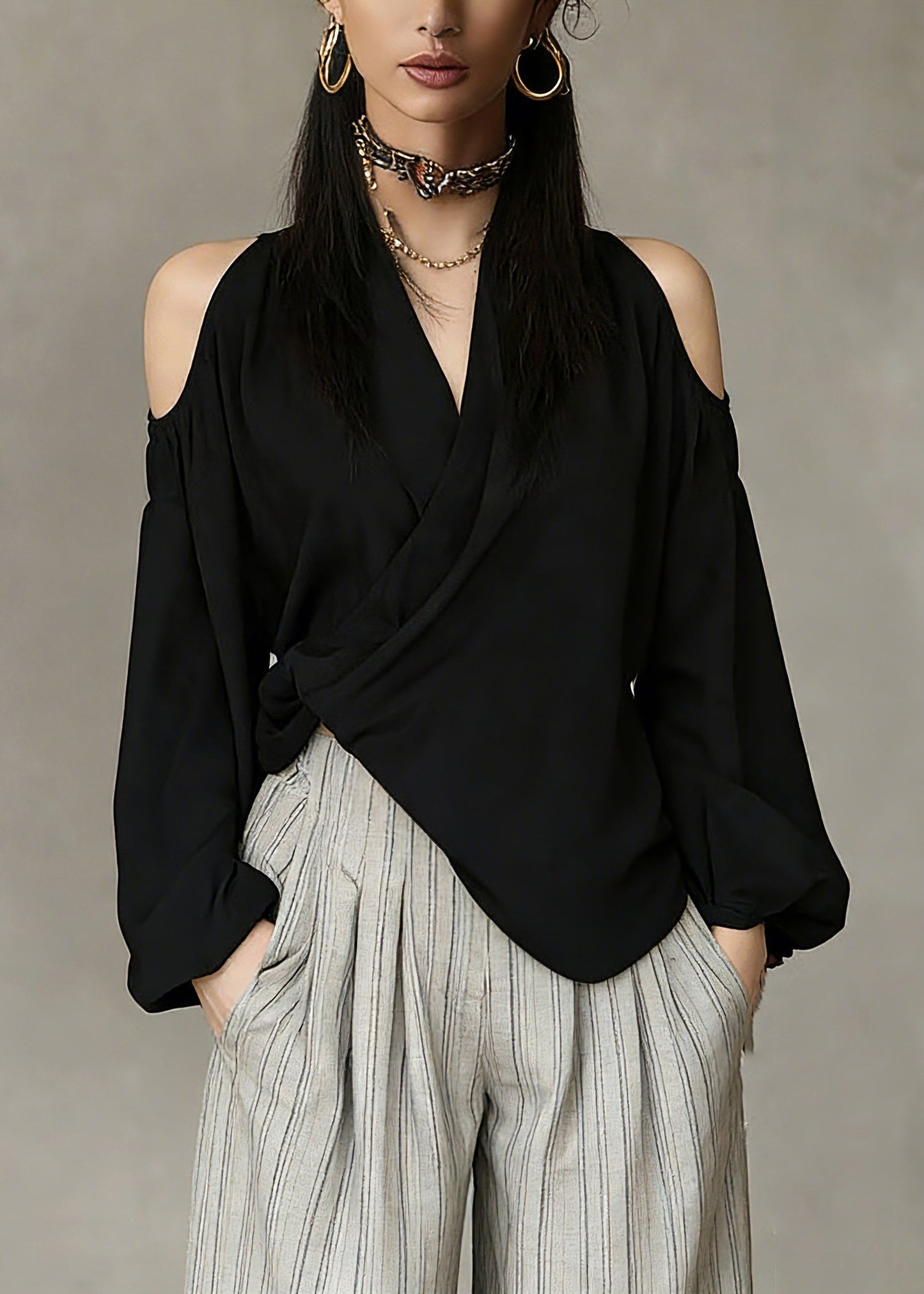 Chic Black V Neck Cold Shoulder Solid Top Spring