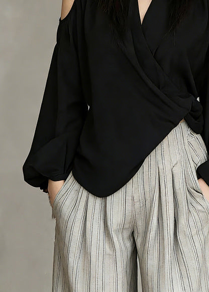 Chic Black V Neck Cold Shoulder Solid Top Spring