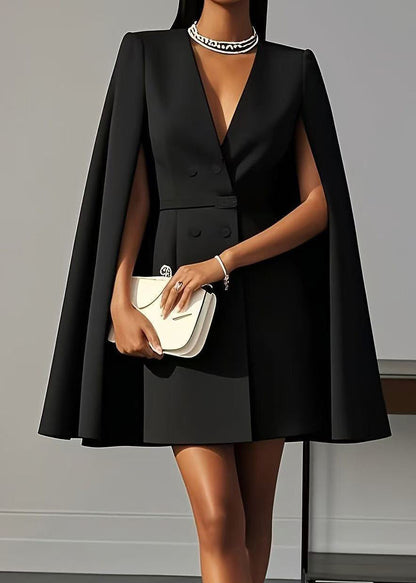 Chic Black V Neck Patchwork Spandex Work Dress Cloak Sleeves