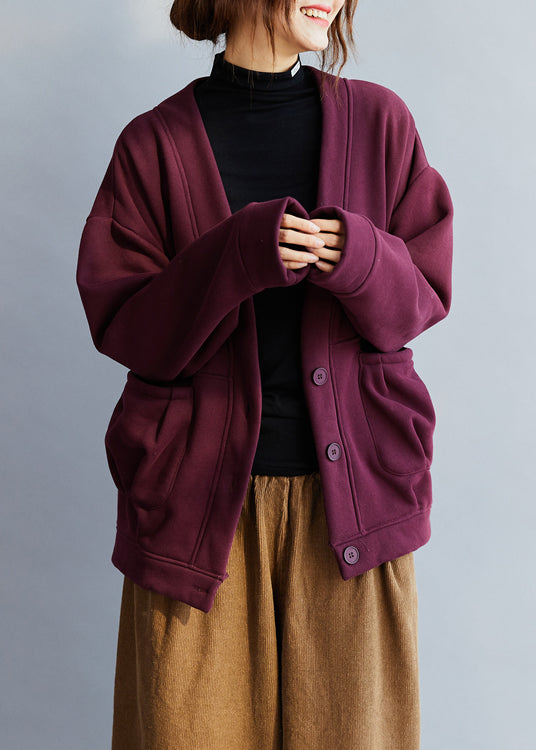 Schicker schwarzer V-Ausschnitt mit Taschen, warmer Fleecemantel für den Winter