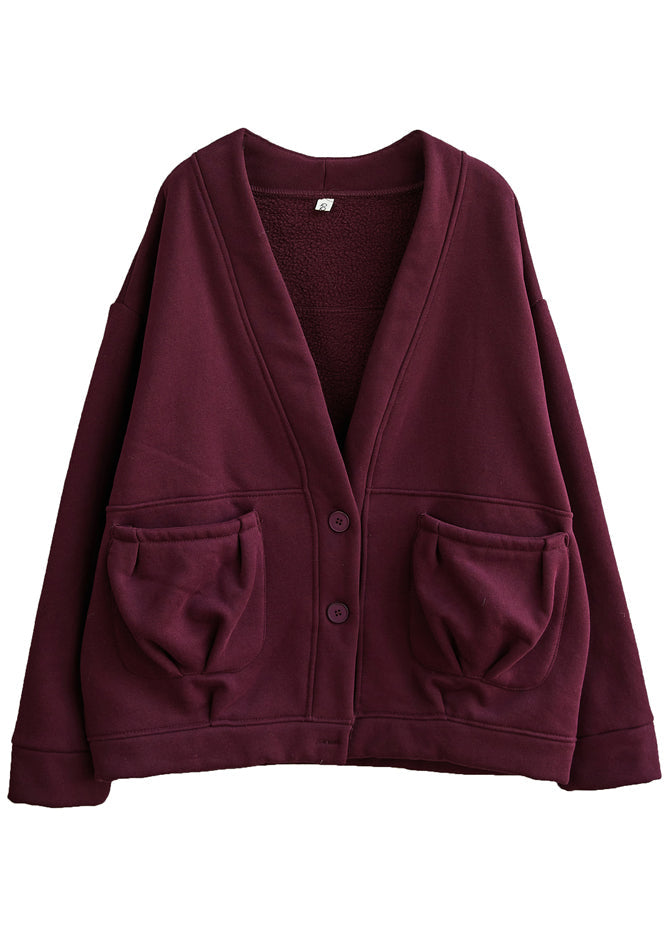 Schicker schwarzer V-Ausschnitt mit Taschen, warmer Fleecemantel für den Winter