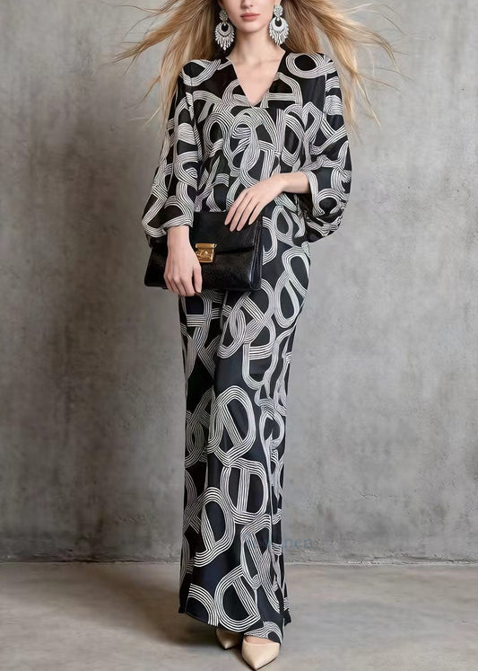 Chic Black V Neck Print Silk Long Dress Batwing Sleeve