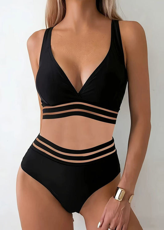Chic Black V Neck Striped Swimwear Two Piece Sets