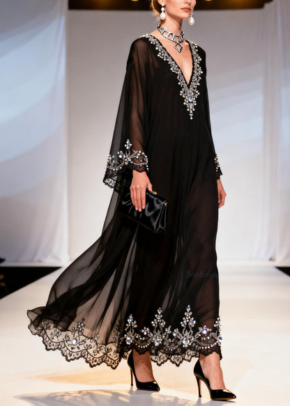 Chic Black V Neck Zircon Patchwork Chiffon Dress Spring