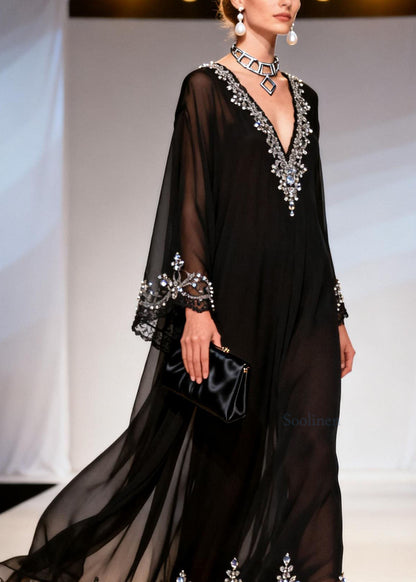 Chic Black V Neck Zircon Patchwork Chiffon Dress Spring