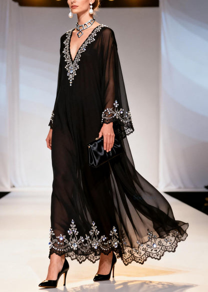 Chic Black V Neck Zircon Patchwork Chiffon Dress Spring