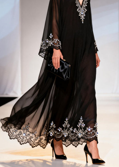 Chic Black V Neck Zircon Patchwork Chiffon Dress Spring