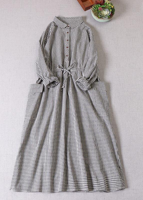 Chic Black White Plaid Pockets Button Tie Waist Fall Patchwork Dress Long sleeve - SooLinen