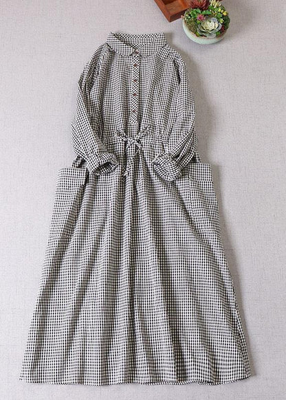 Chic Black White Plaid Pockets Button Tie Waist Fall Patchwork Dress Long sleeve - SooLinen