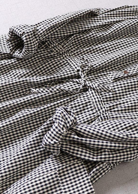 Chic Black White Plaid Pockets Button Tie Waist Fall Patchwork Dress Long sleeve - SooLinen