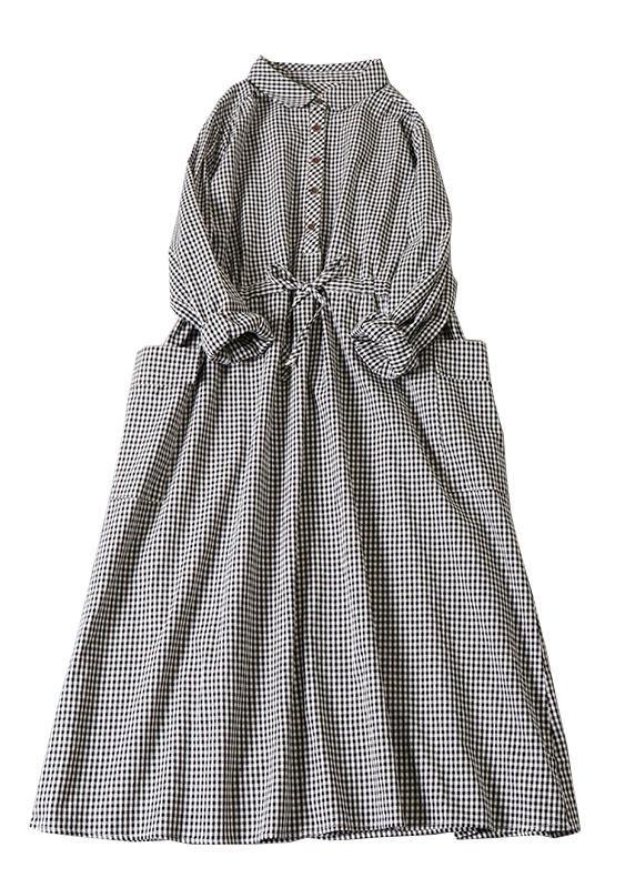 Chic Black White Plaid Pockets Button Tie Waist Fall Patchwork Dress Long sleeve - SooLinen