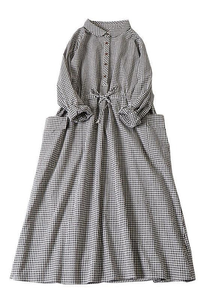 Chic Black White Plaid Pockets Button Tie Waist Fall Patchwork Dress Long sleeve - SooLinen