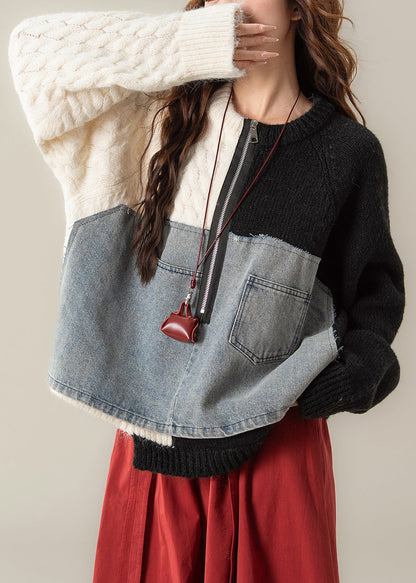 Schicker schwarzer Strickpullover aus Denim mit Reißverschluss und Patchwork-Details für den Frühling