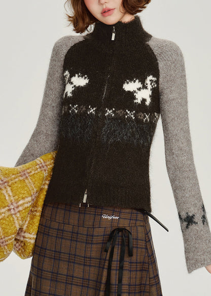 Cárdigan elegante de punto de patchwork con cremallera negra para invierno