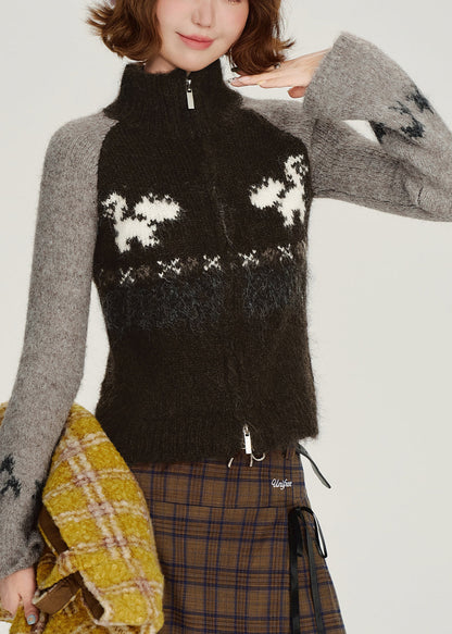 Cárdigan elegante de punto de patchwork con cremallera negra para invierno