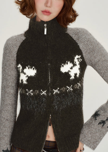 Cárdigan elegante de punto de patchwork con cremallera negra para invierno