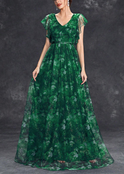 Chic Blackish Green Ruffled Patchwork Tunic Tulle Maxi Dress Summer