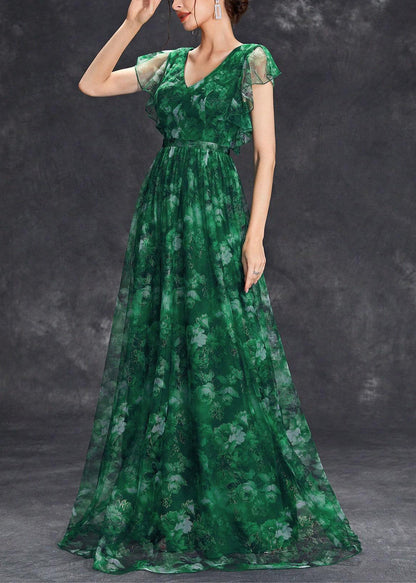 Chic Blackish Green Ruffled Patchwork Tunic Tulle Maxi Dress Summer