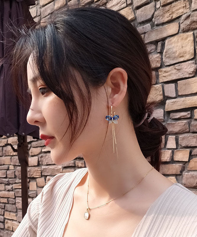 Elegantes pendientes de borlas de mariposa con circonitas de aleación azul
