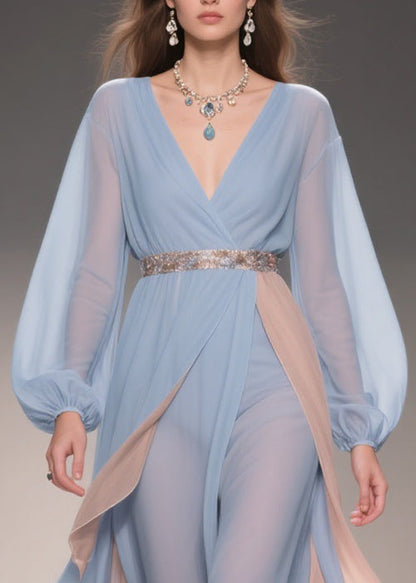 Chic Blue Asymmetrical High Waist Patchwork Chiffon Party Dress